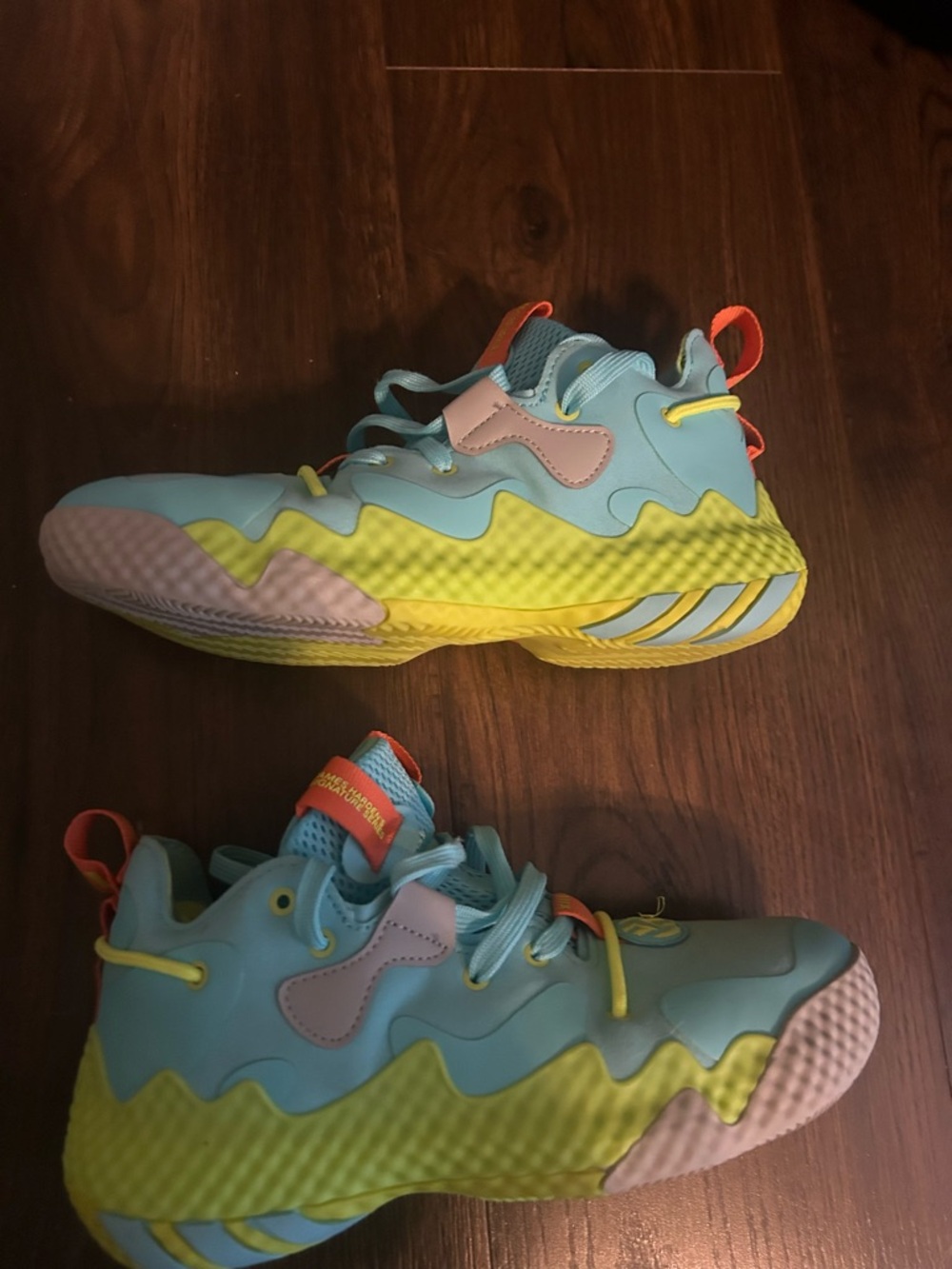 Kids' James Harden adidas basketball shoes - Aqua, Yellow & Pink
